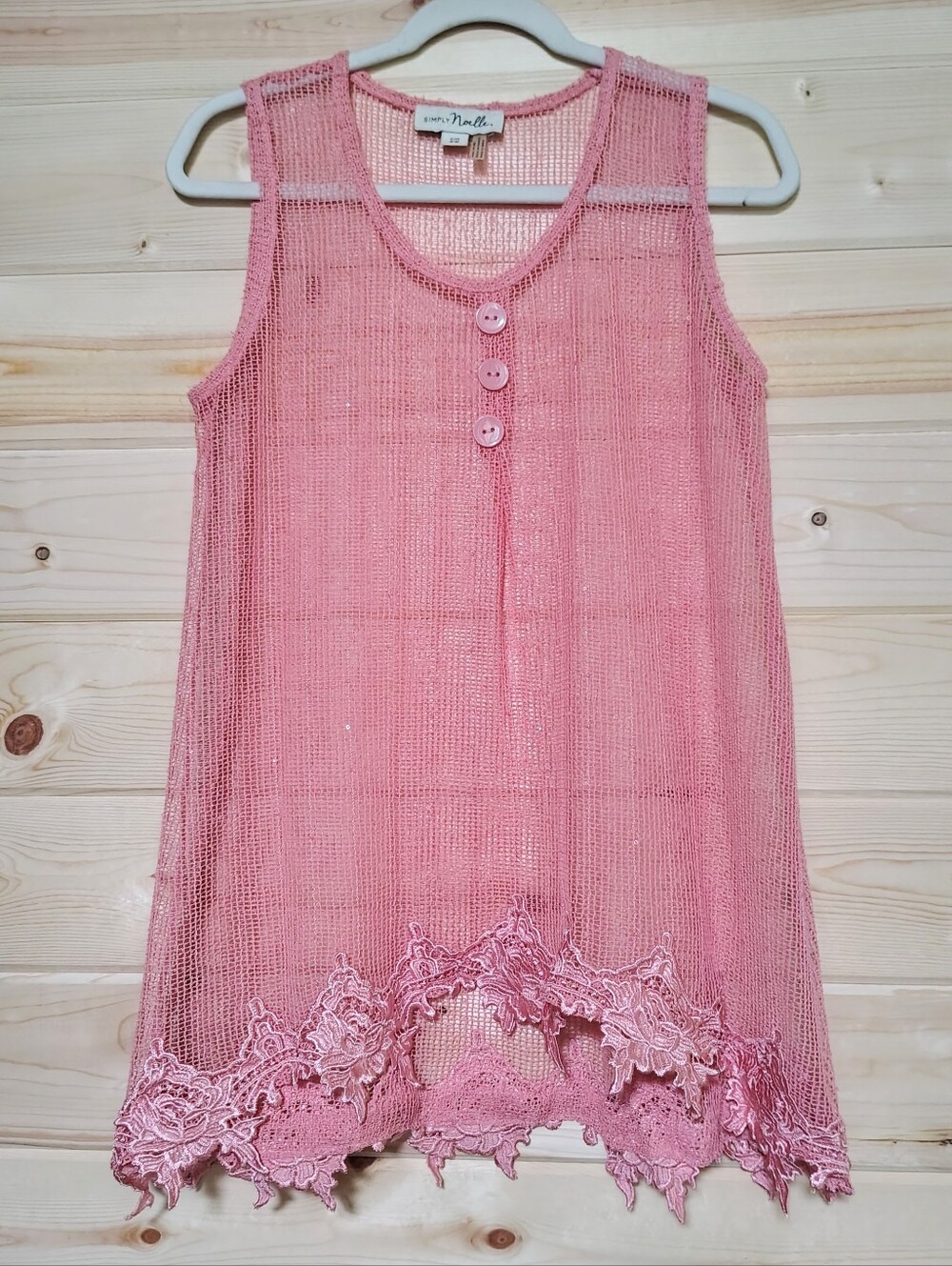 Simply Noelle Pink Open Knit Lace Crochet Hem Sleeveless Tunic Top S/M (8-10)